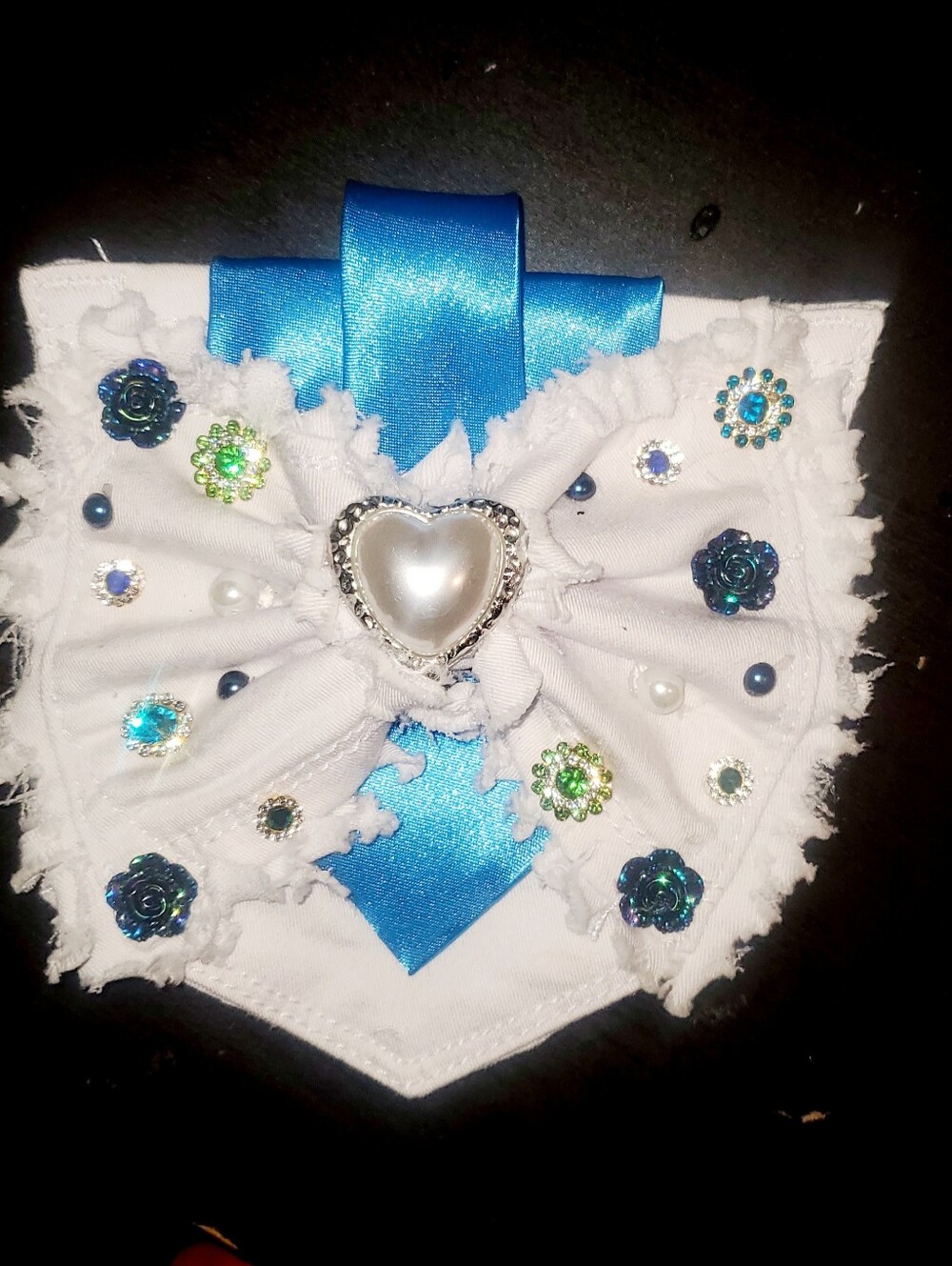 Custom Bowtie Pocket Brooch/Frayed White with Blue Satin Ribbon and Heart Accent